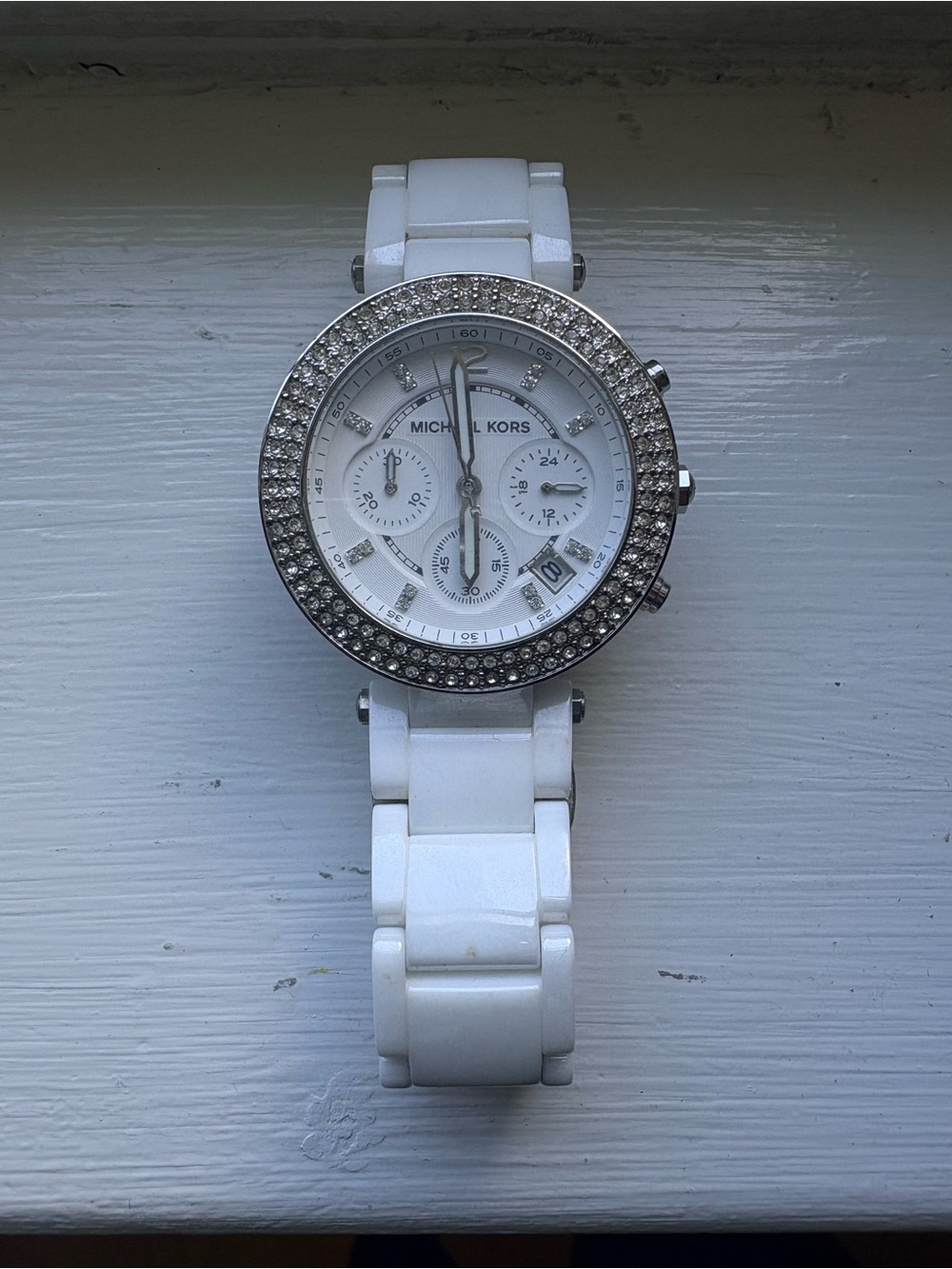 Michael Kors Parker White Ceramic Glitz Chronograph Watch